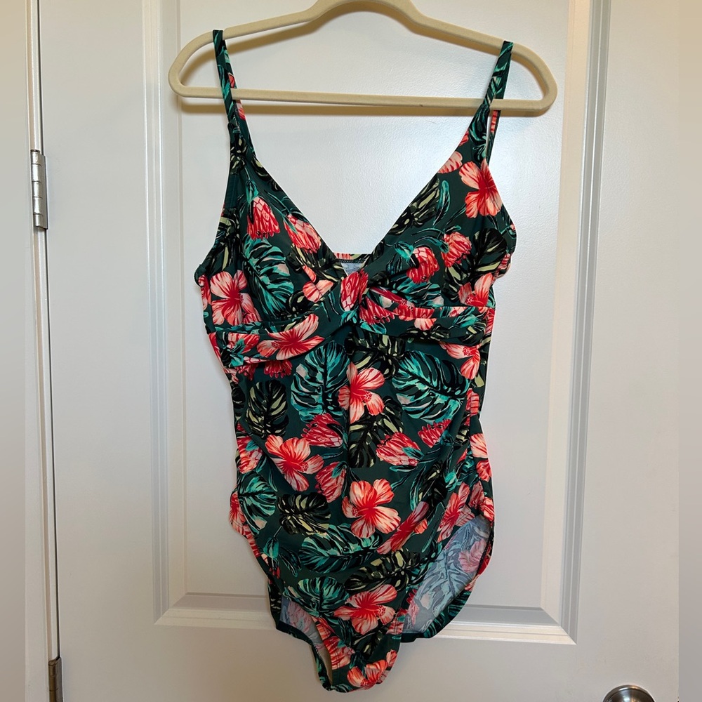 Merona Floral One Piece Swimsuit - Green and Pink - Size XL - NWOT